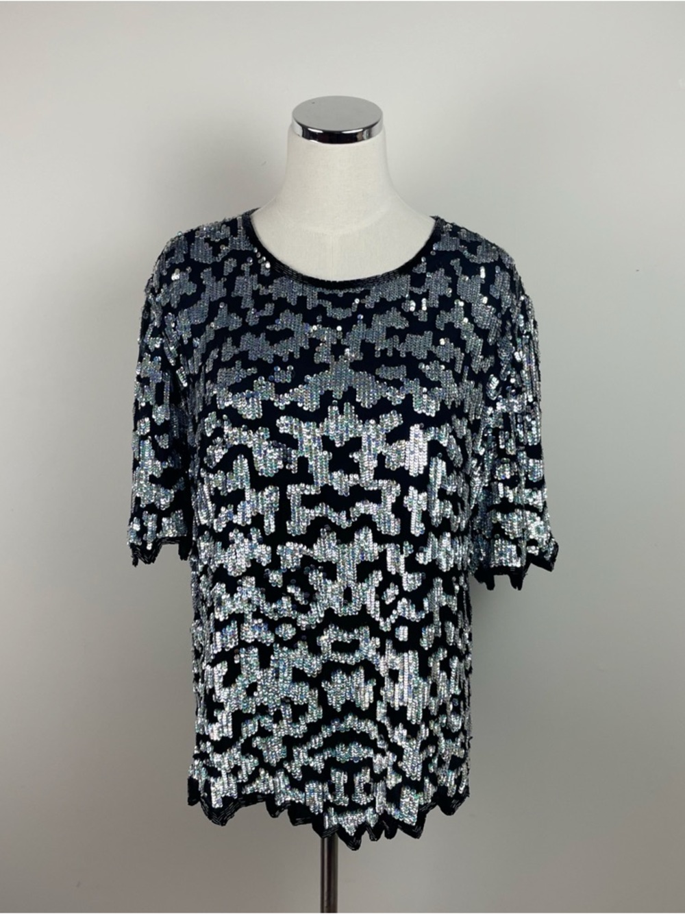 Laurence Kazar Black Silver Sequin Silk Blouse Top Women Size 1X Vintage